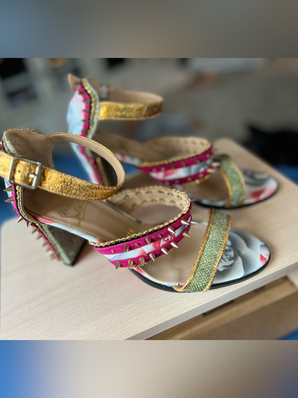 Christian Louboutin Gold and Pink Studded Ankle-Strap Heels